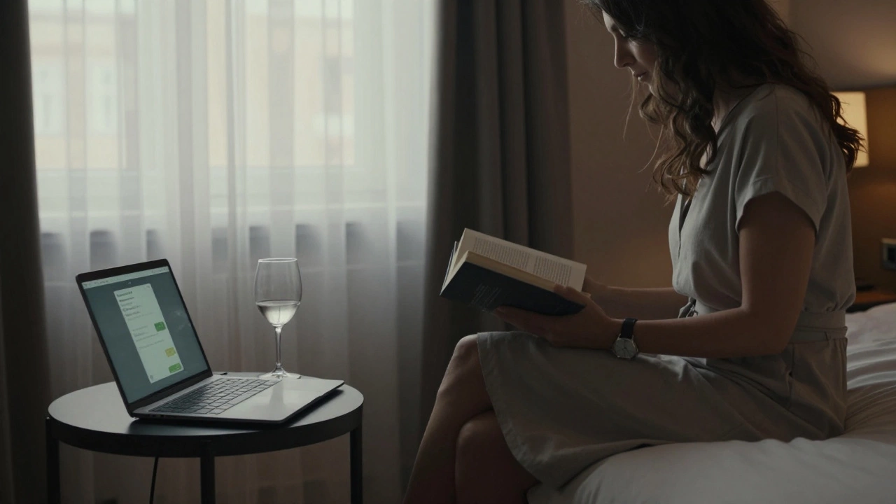 A woman sits quietly in a hotel room, reading a book, natural light and a secure messaging app visible.
