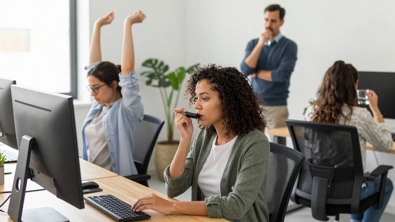 Diverse team members supporting each other at work during menstruation, one using voice-to-text, another stretching.