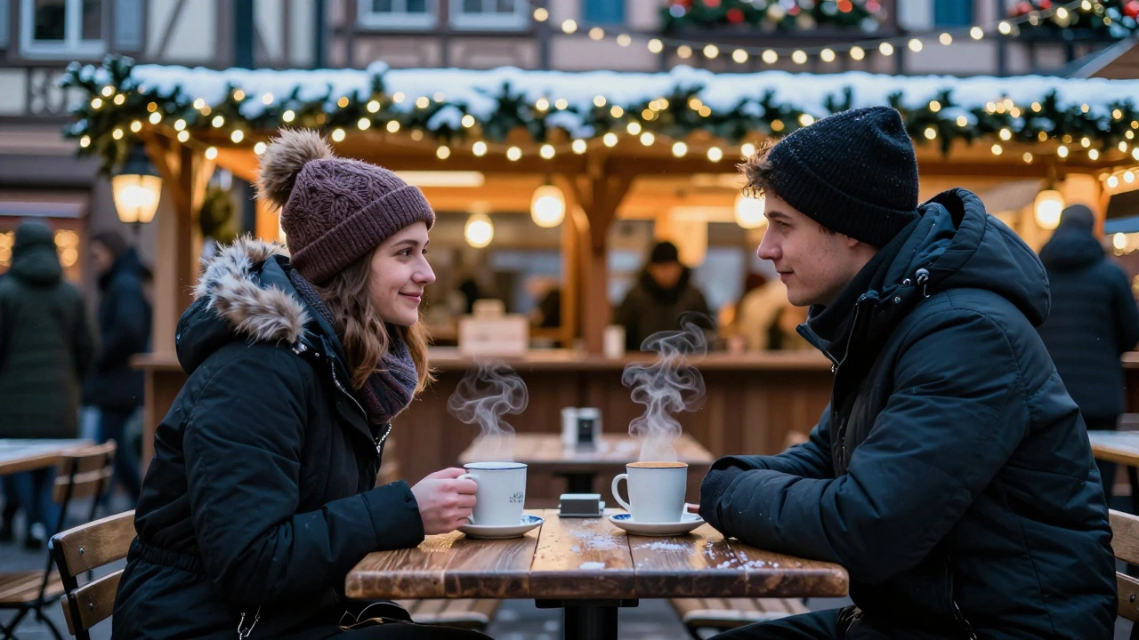 Two people share a quiet moment at a Strasbourg Christmas market bistro, smiling softly over steaming drinks.